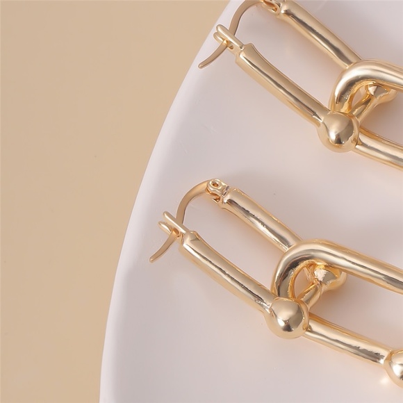 Geometric Lock Clip 14k Gold Plated U-Link  Earrings - Picture 2 of 3